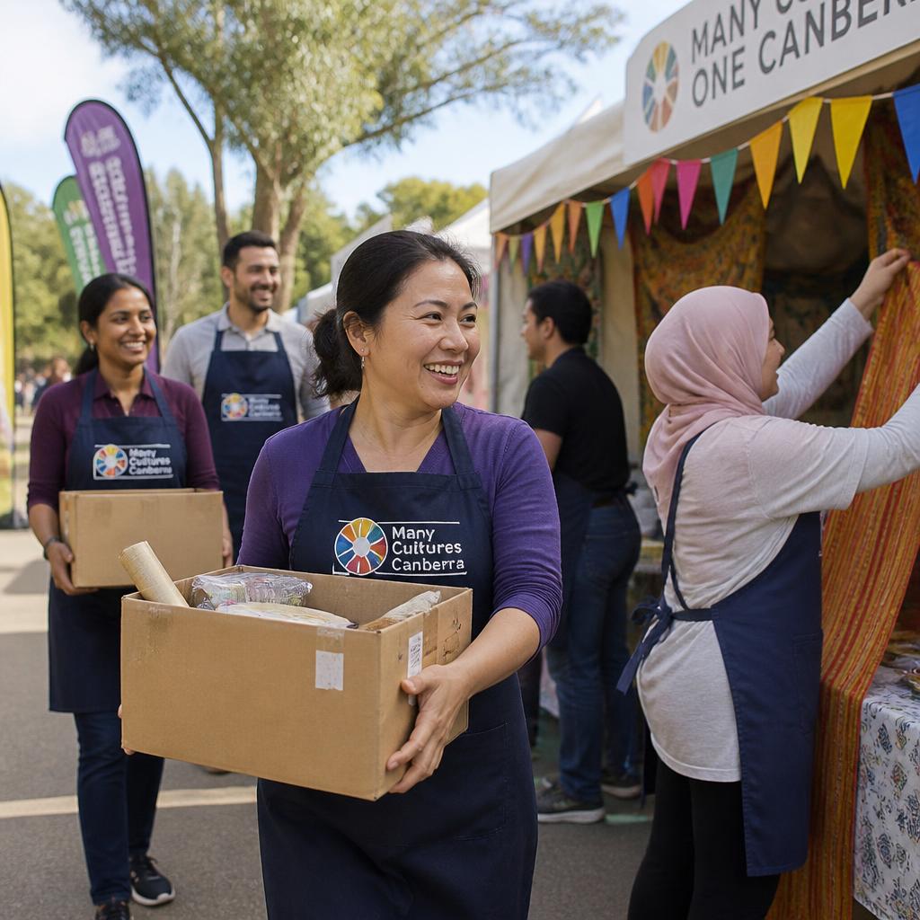 PMA volunteers welcoming families at a community event in Canberra