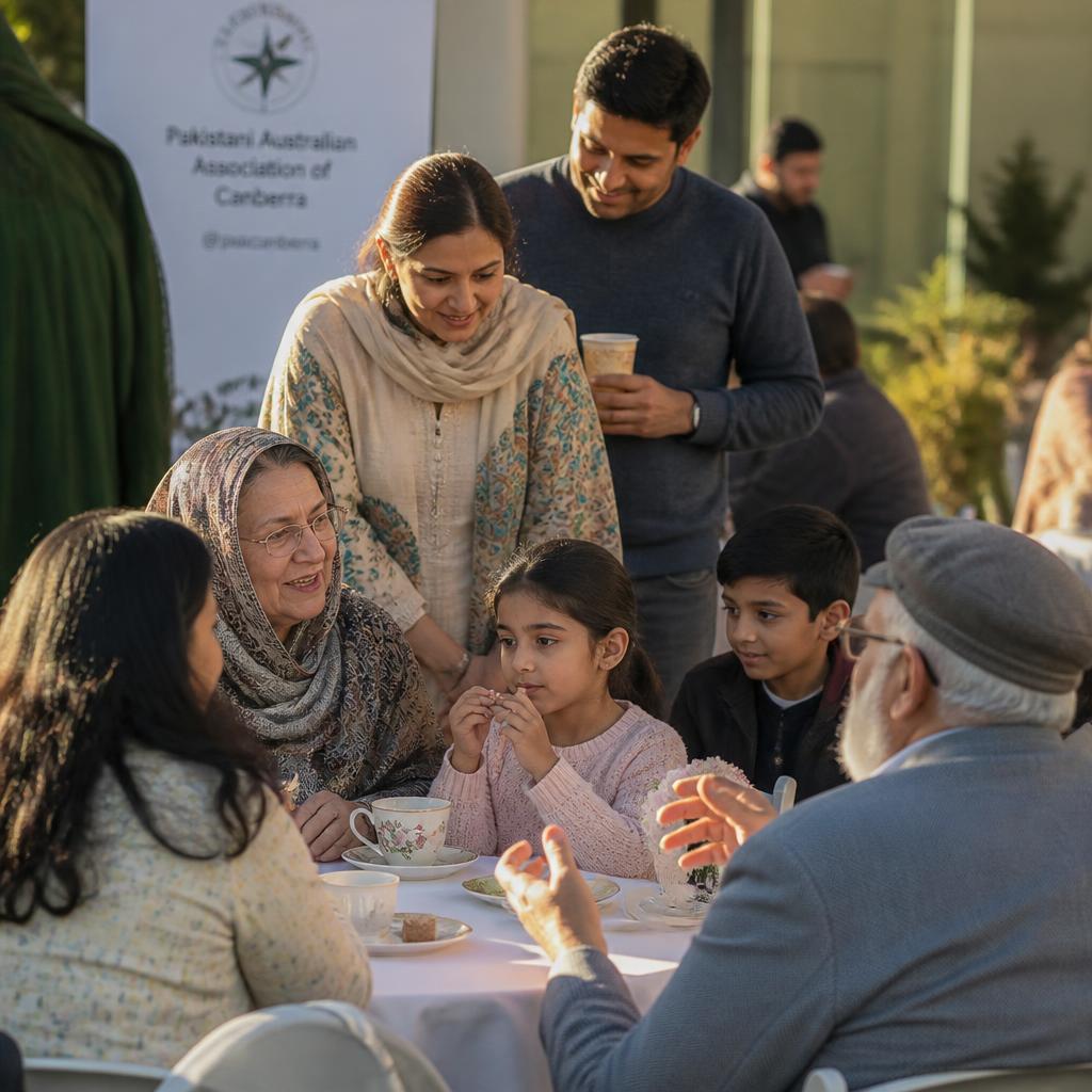 Three generations of a Pakistani-Australian family sharing tea in Canberra